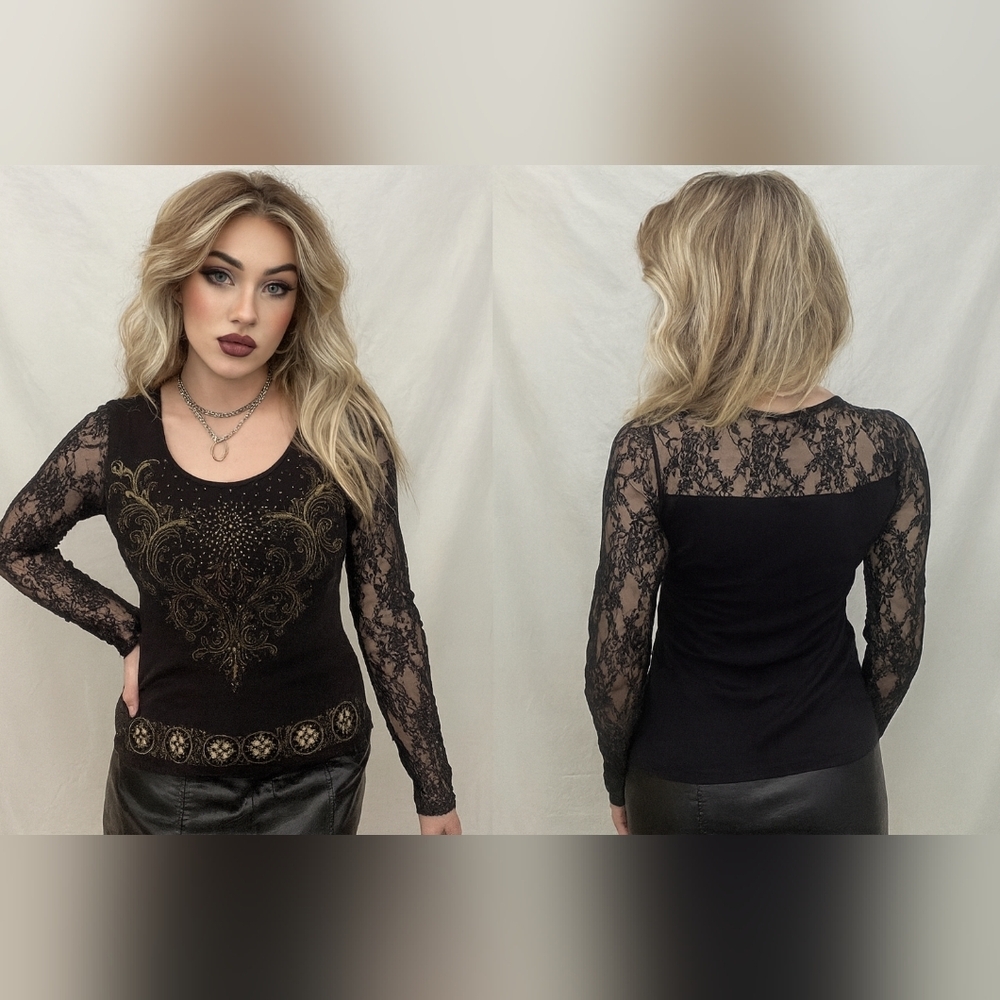 Vintage Y2K Black Gold Lace Beaded Scroll Cross Top Long Sleeve Glam Gothic